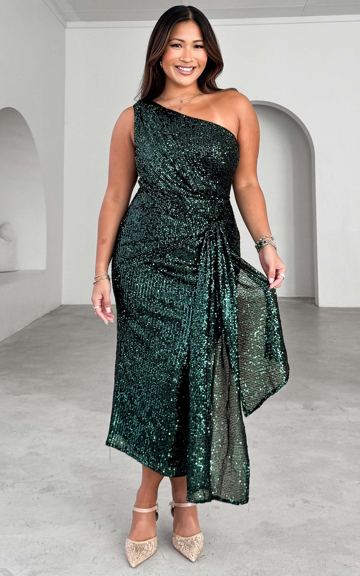 Alejandro Sequin Midi Dress - Emerald Black