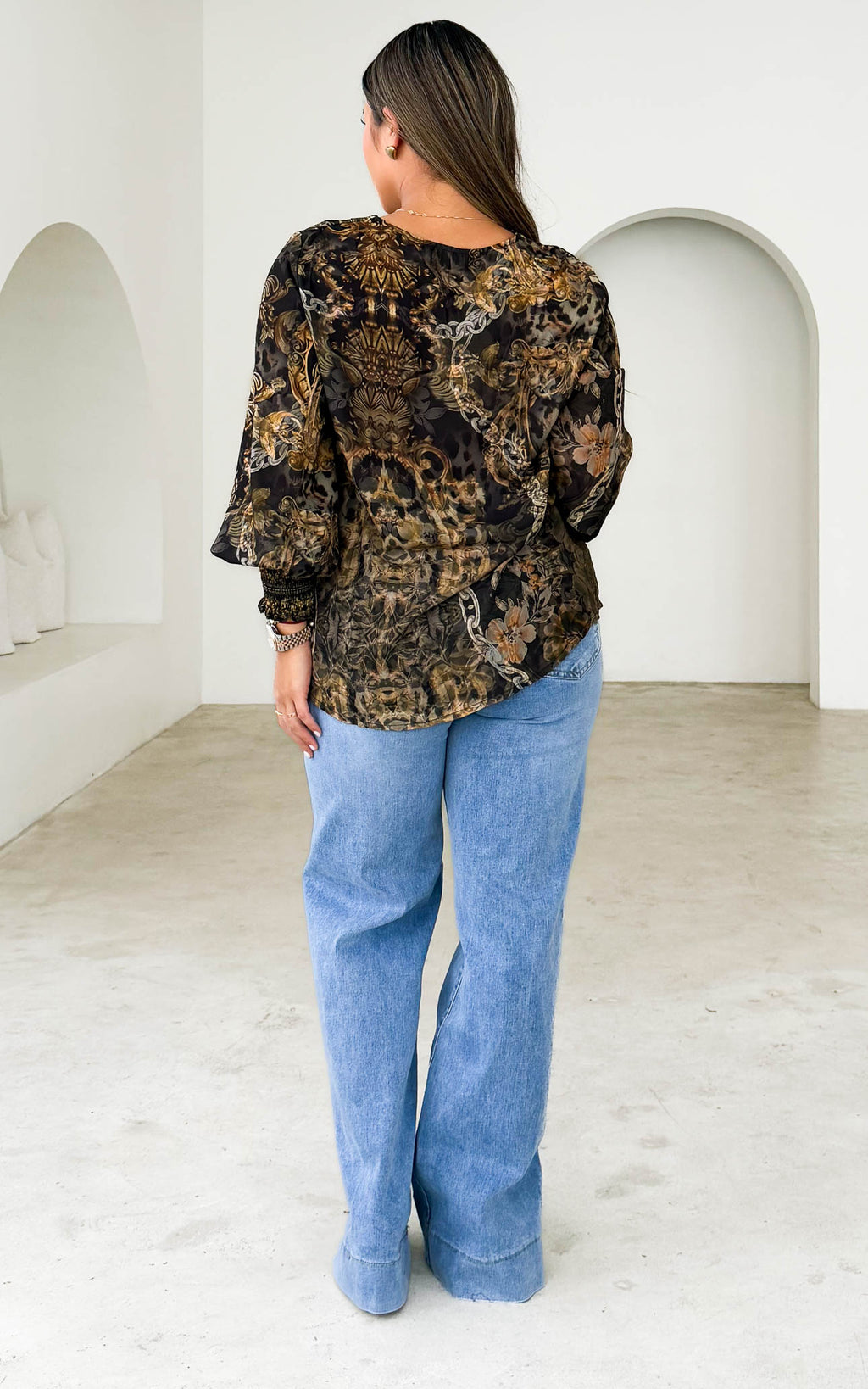 Amara Gem Embellished Top - Charcoal Gold Multi Print