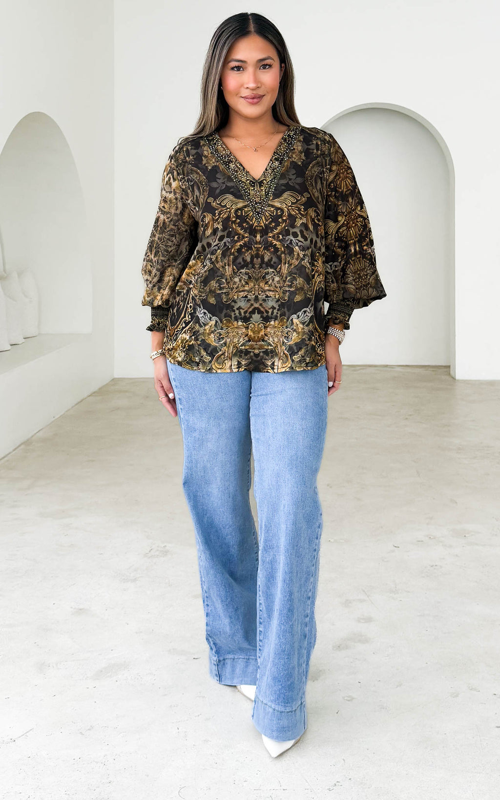 Amara Gem Embellished Top - Charcoal Gold Multi Print