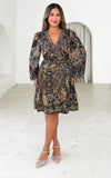 Arabella Gem Embellished Wrap Mini Dress - Black Gold Print