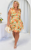 Aretha Tie Up Strap Mini Dress - Yellow Orange Floral