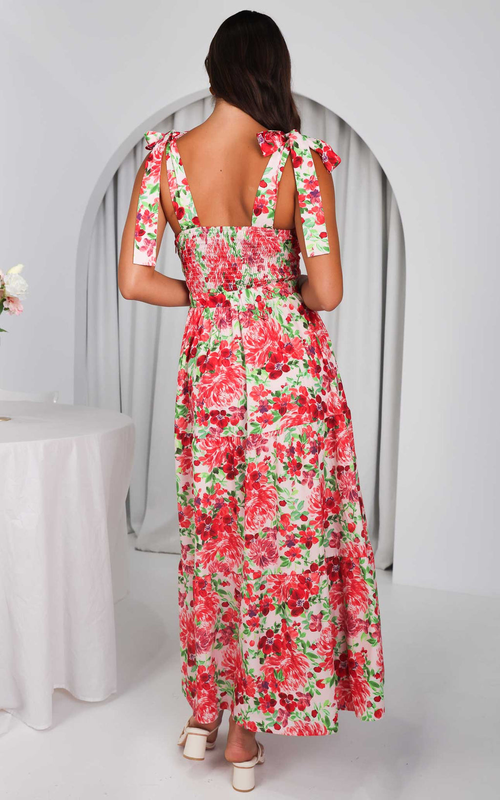 Aretha Tie Up Strap Maxi Dress - Pink Red Floral