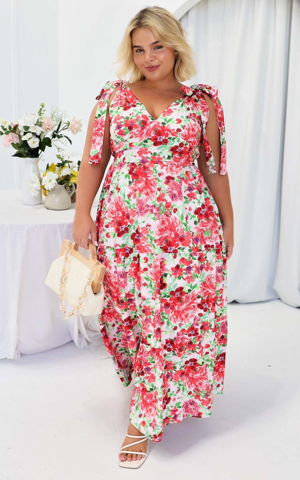 Aretha Tie Up Strap Maxi Dress - Pink Red Floral