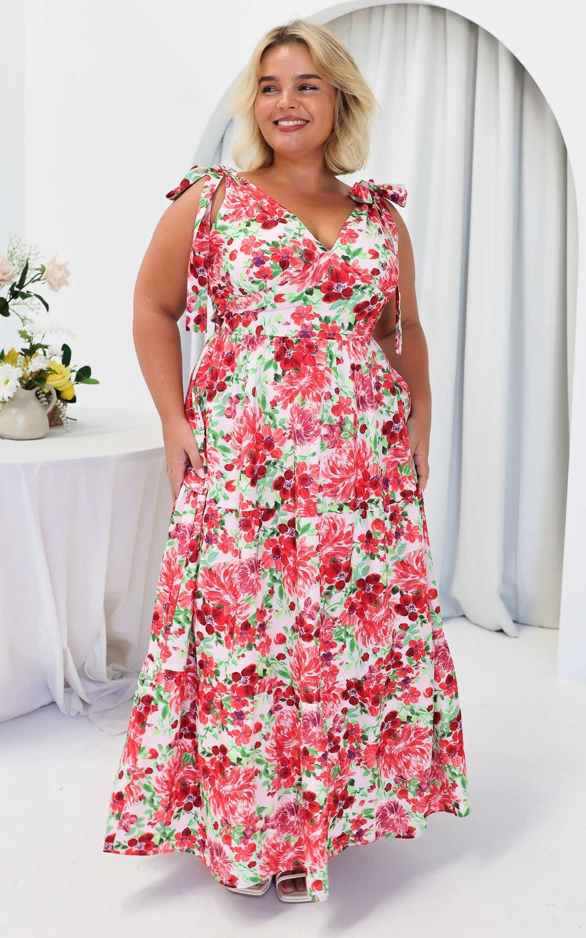 Aretha Tie Up Strap Maxi Dress - Pink Red Floral