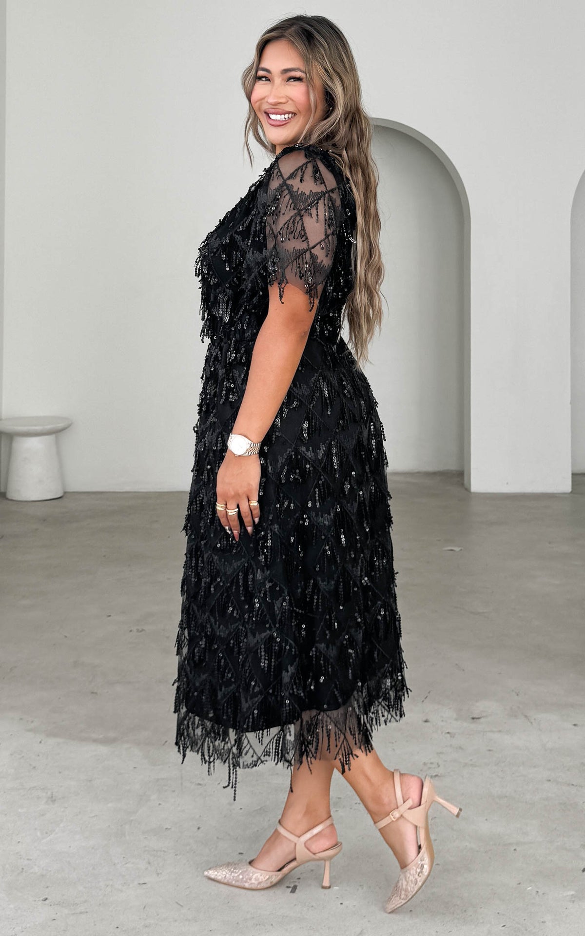 Arilyn Sequin Midi Dress - Black