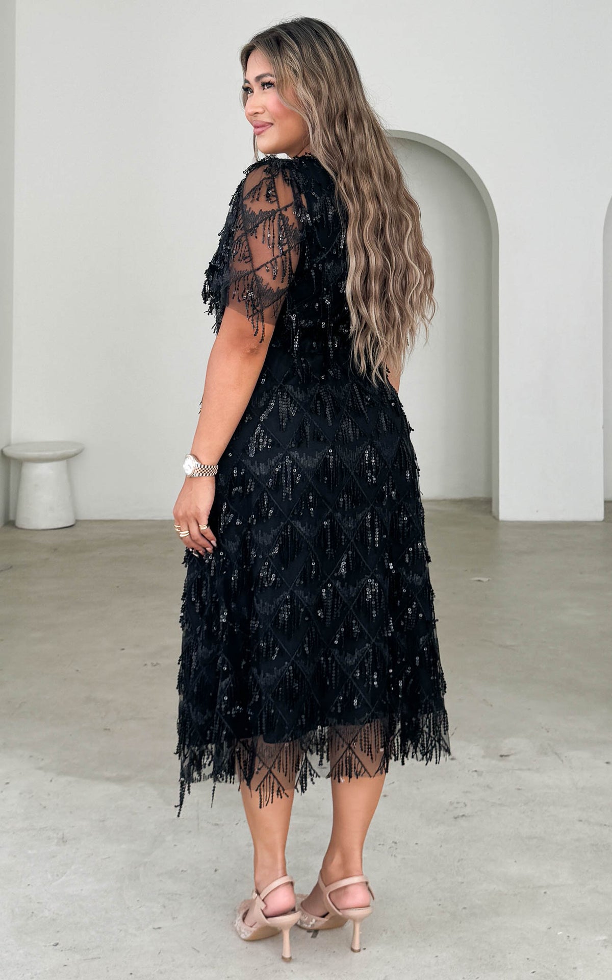 Arilyn Sequin Midi Dress - Black