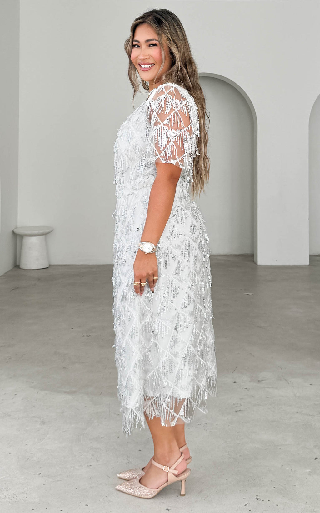 Arilyn Sequin Midi Dress - White Silver