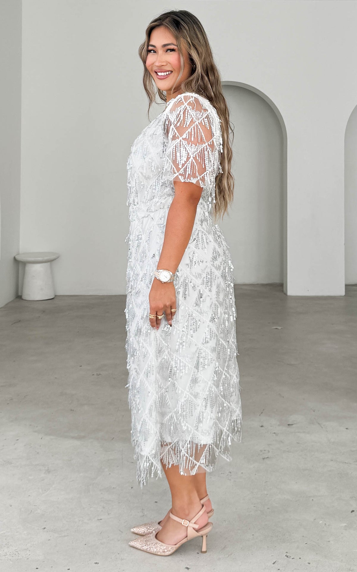 Arilyn Sequin Midi Dress - White Silver