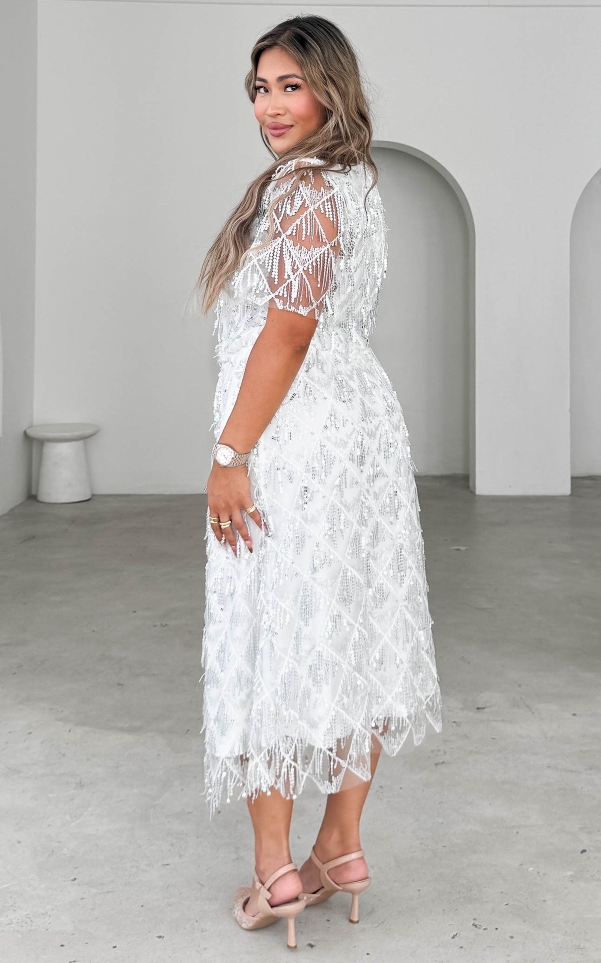 Arilyn Sequin Midi Dress - White Silver