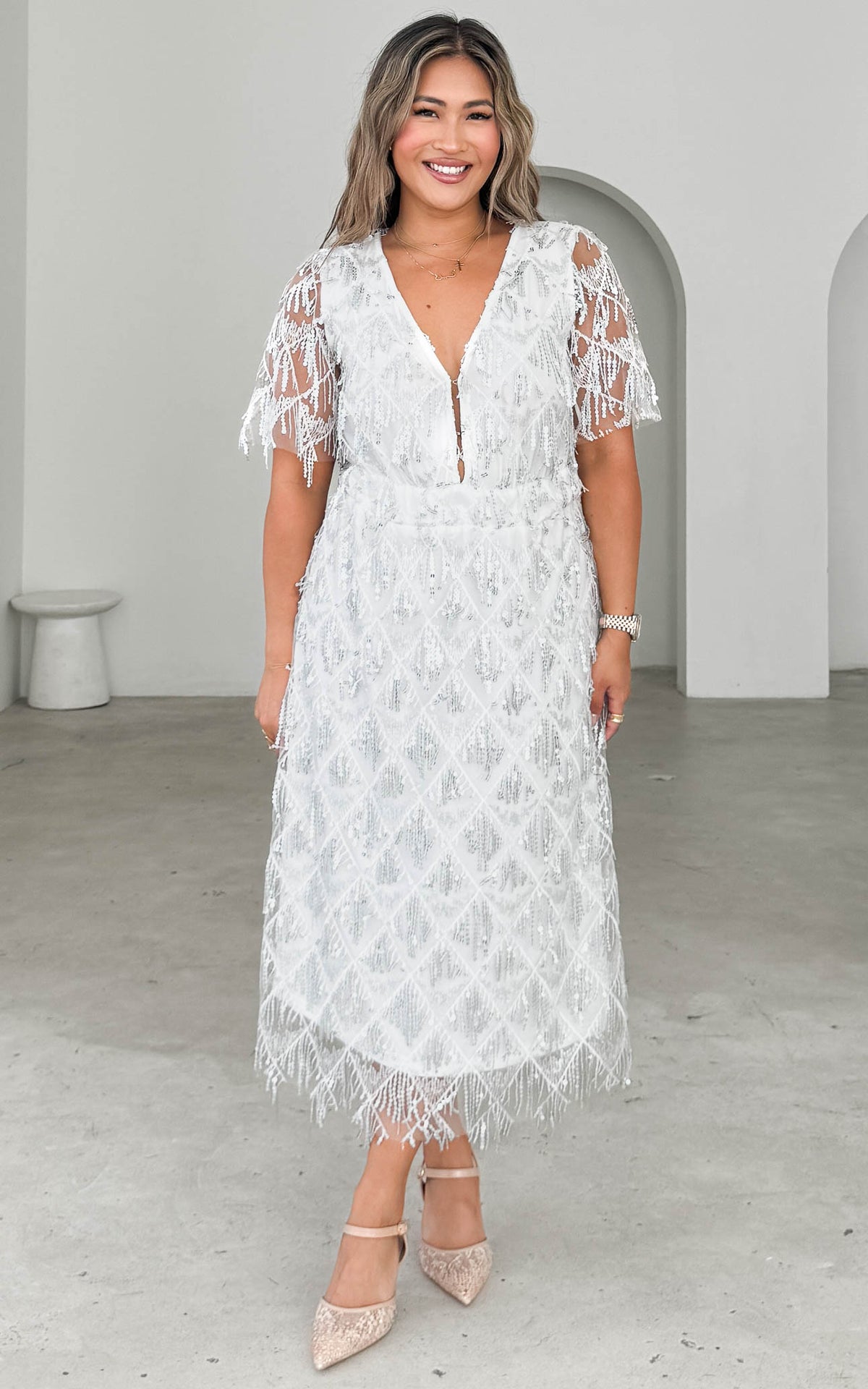 Arilyn Sequin Midi Dress - White Silver