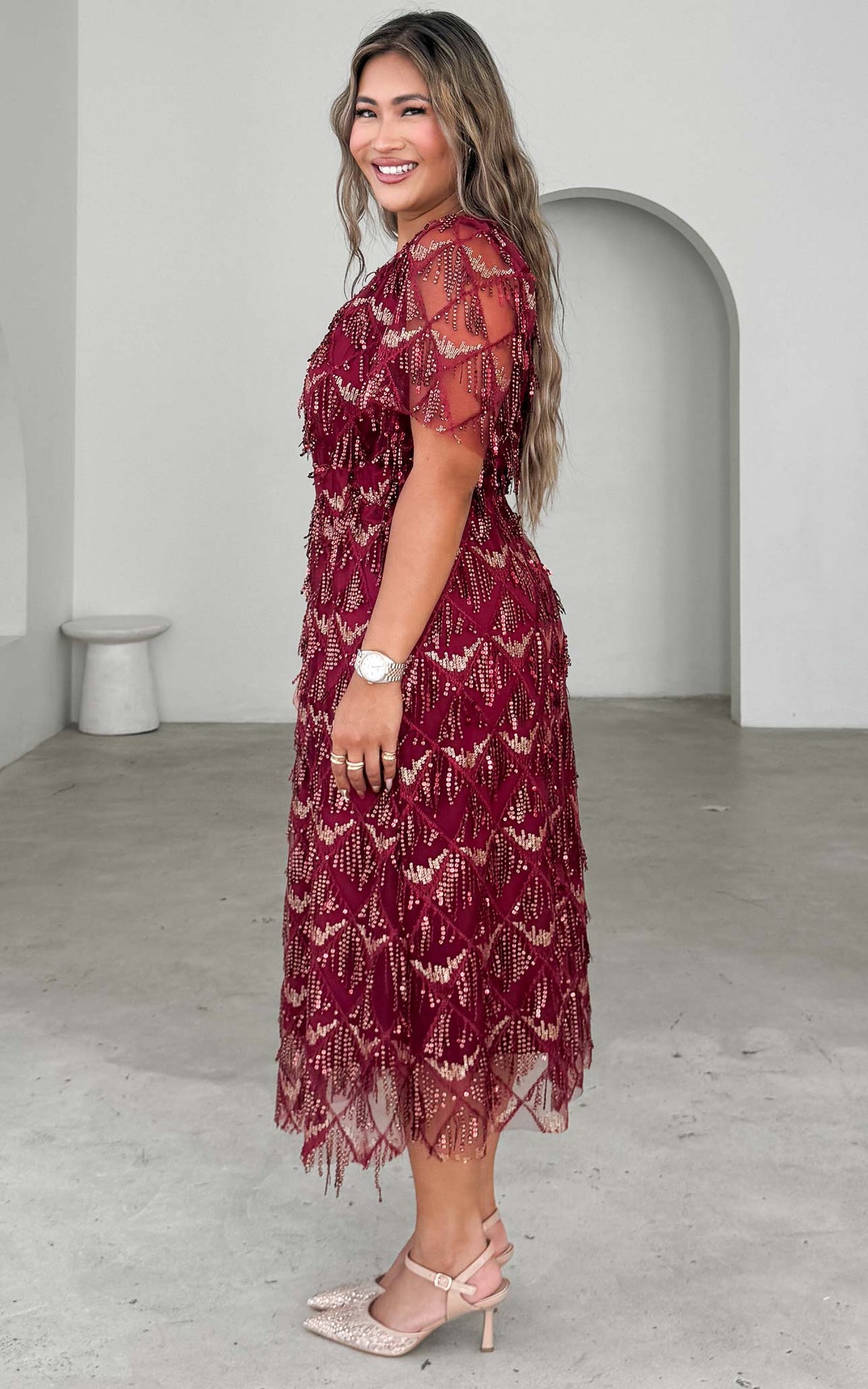 Arilyn Sequin Midi Dress - Wine Gold