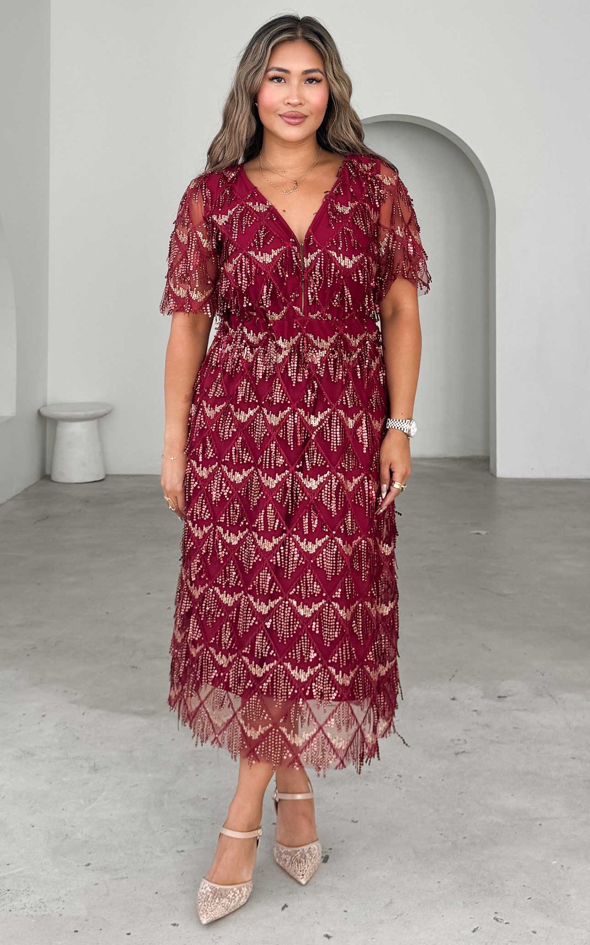 Arilyn Sequin Midi Dress - Wine Gold