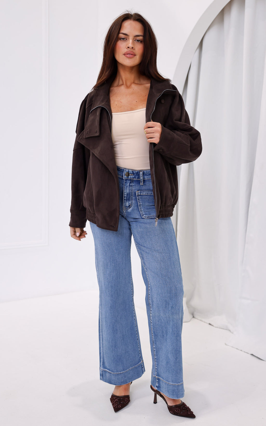 Alana Suede Faux Leather Jacket - Brown