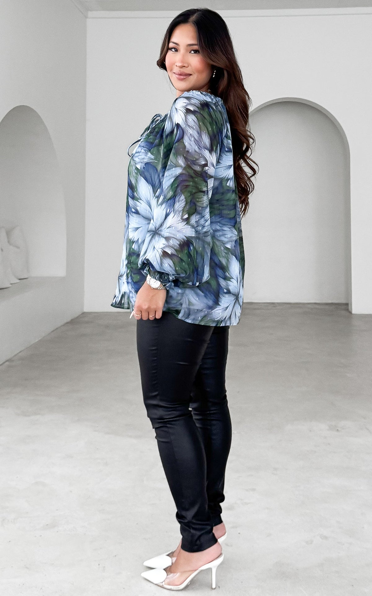 Baylene Top - Blue Green Floral Texture