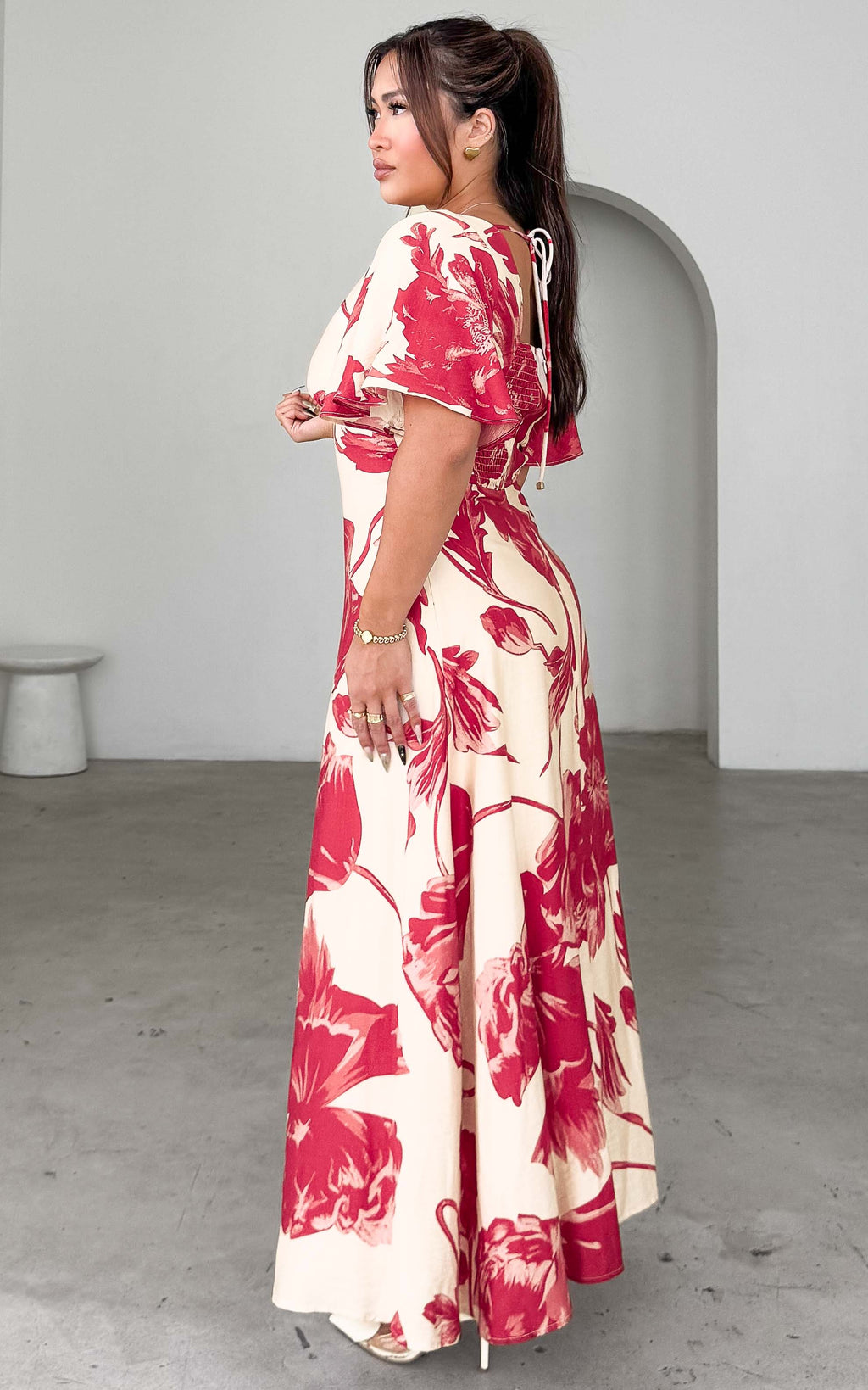 Bianco Maxi Dress - Beige Red Floral