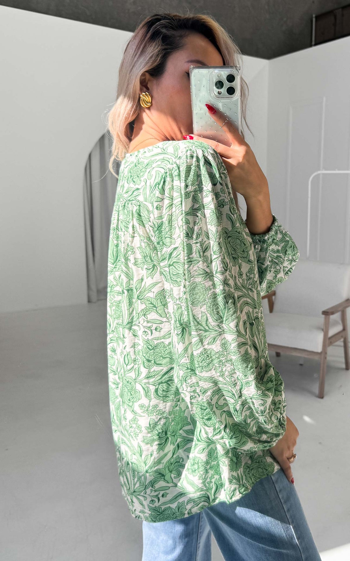 Blake Shirt Blouse - White Green Print