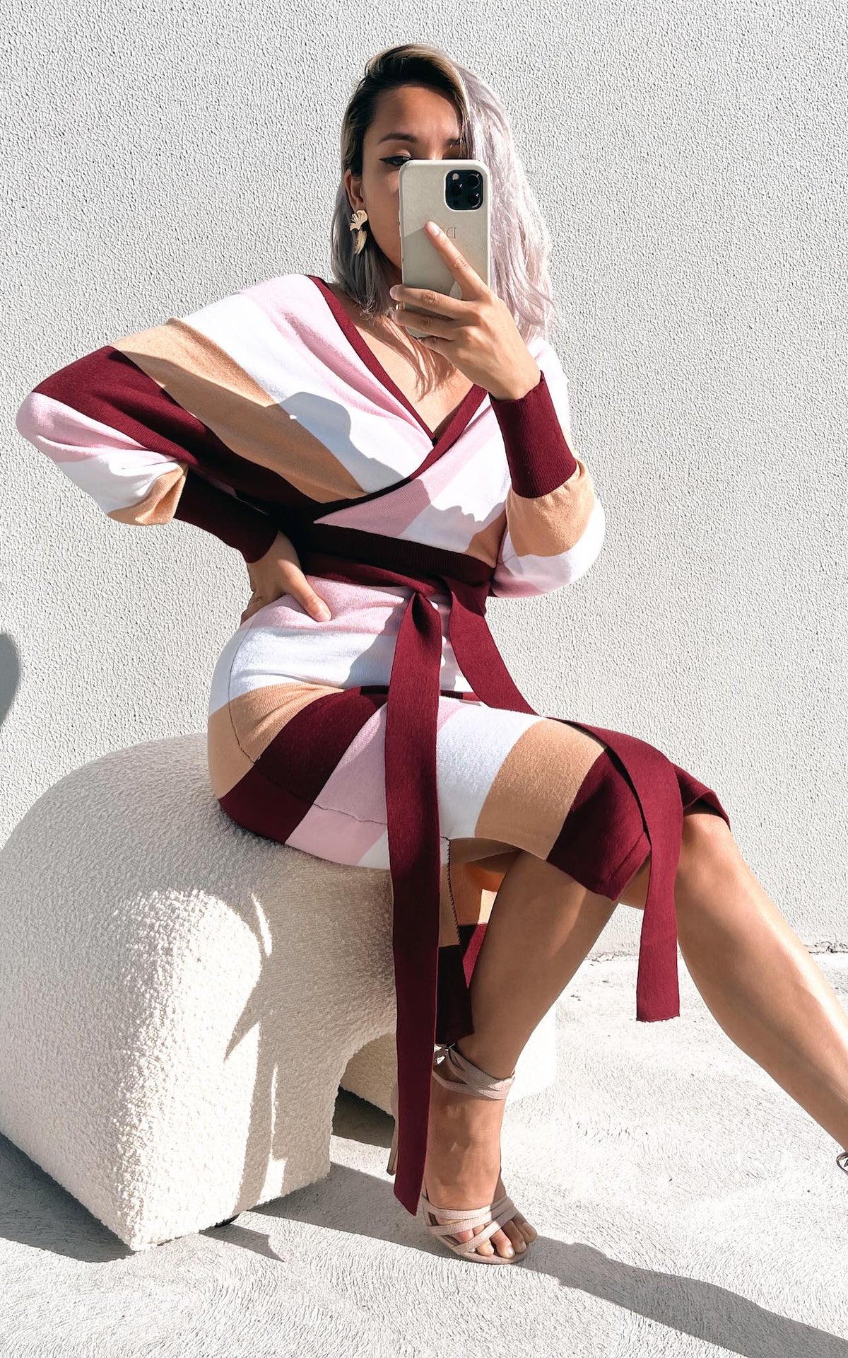 Bonnie Knit Midi Dress - Burgundy Multi Block