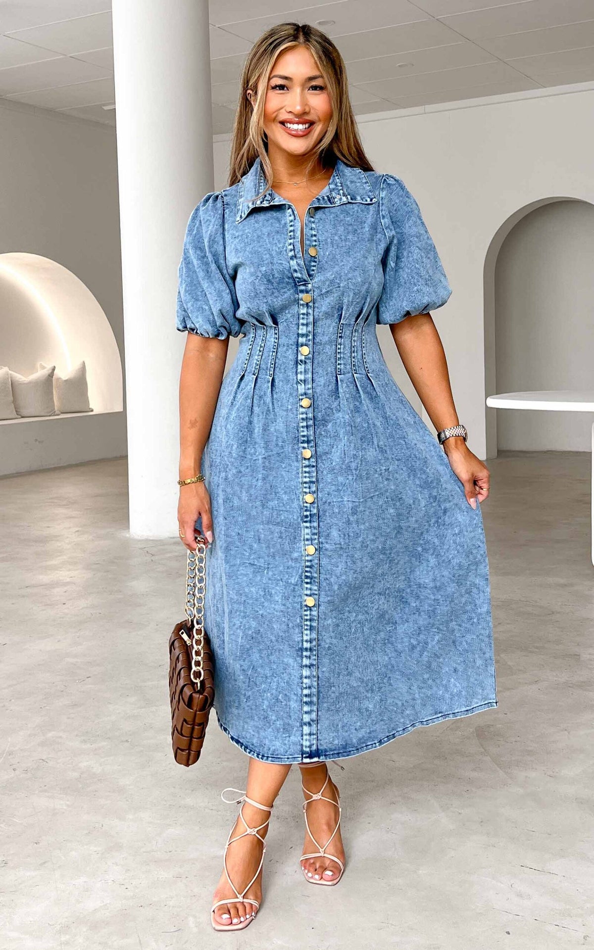 Brimble Puff Sleeve Denim Midi Dress - Blue