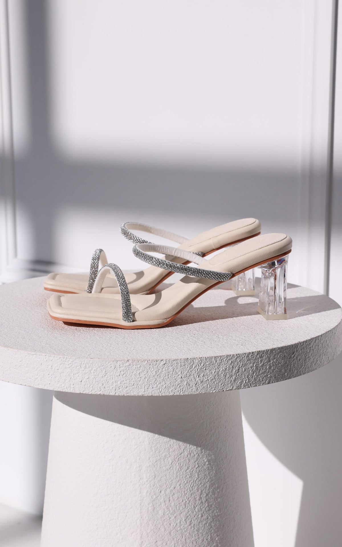 Brixon Block Mule Heels - Bone Beige Rhinestone