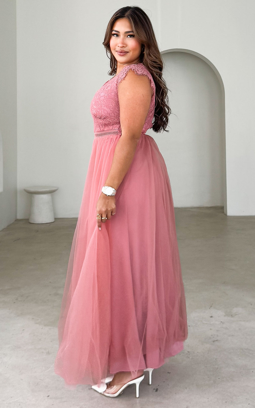 Caleigh Lace Tulle Maxi Dress - Rose