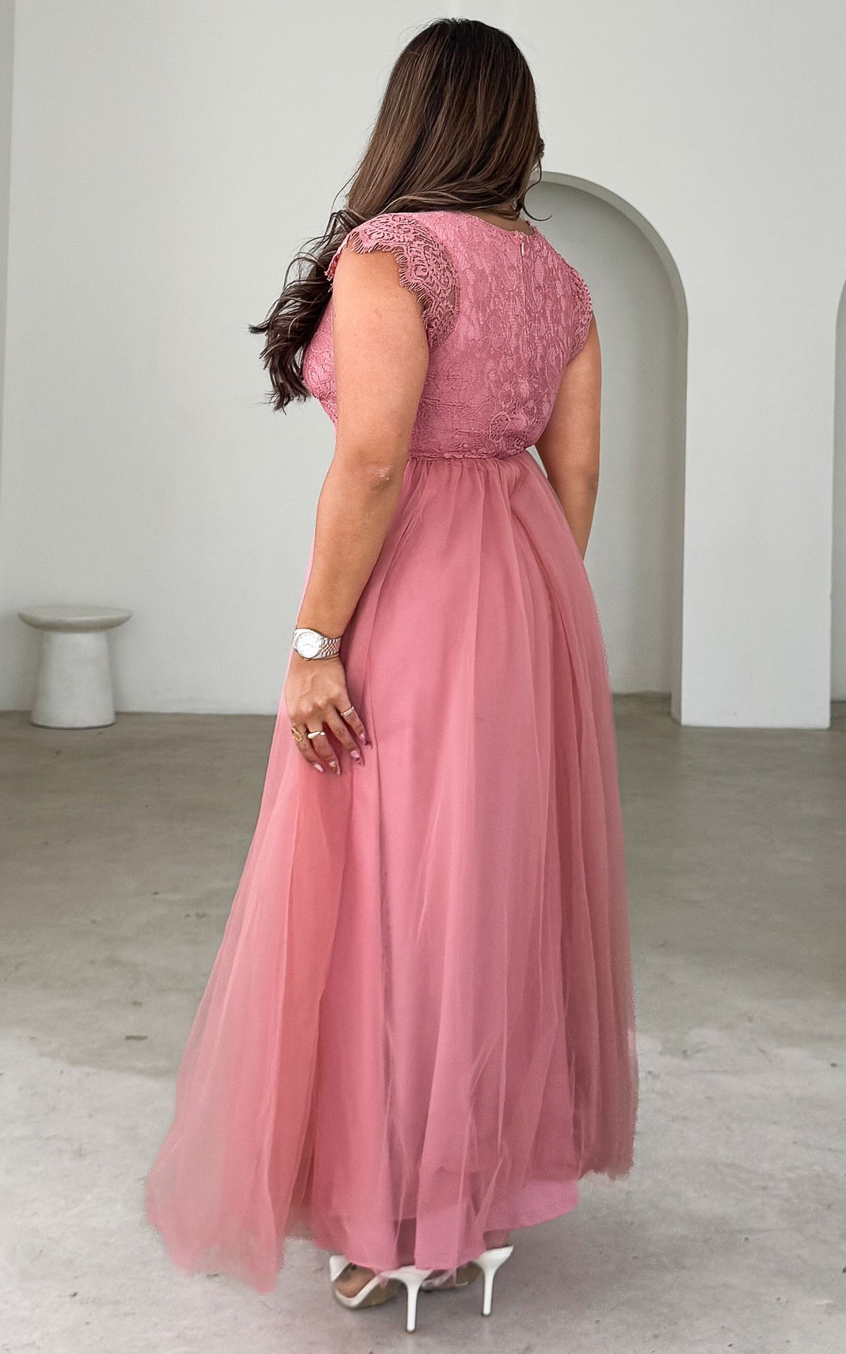 Caleigh Lace Tulle Maxi Dress - Rose
