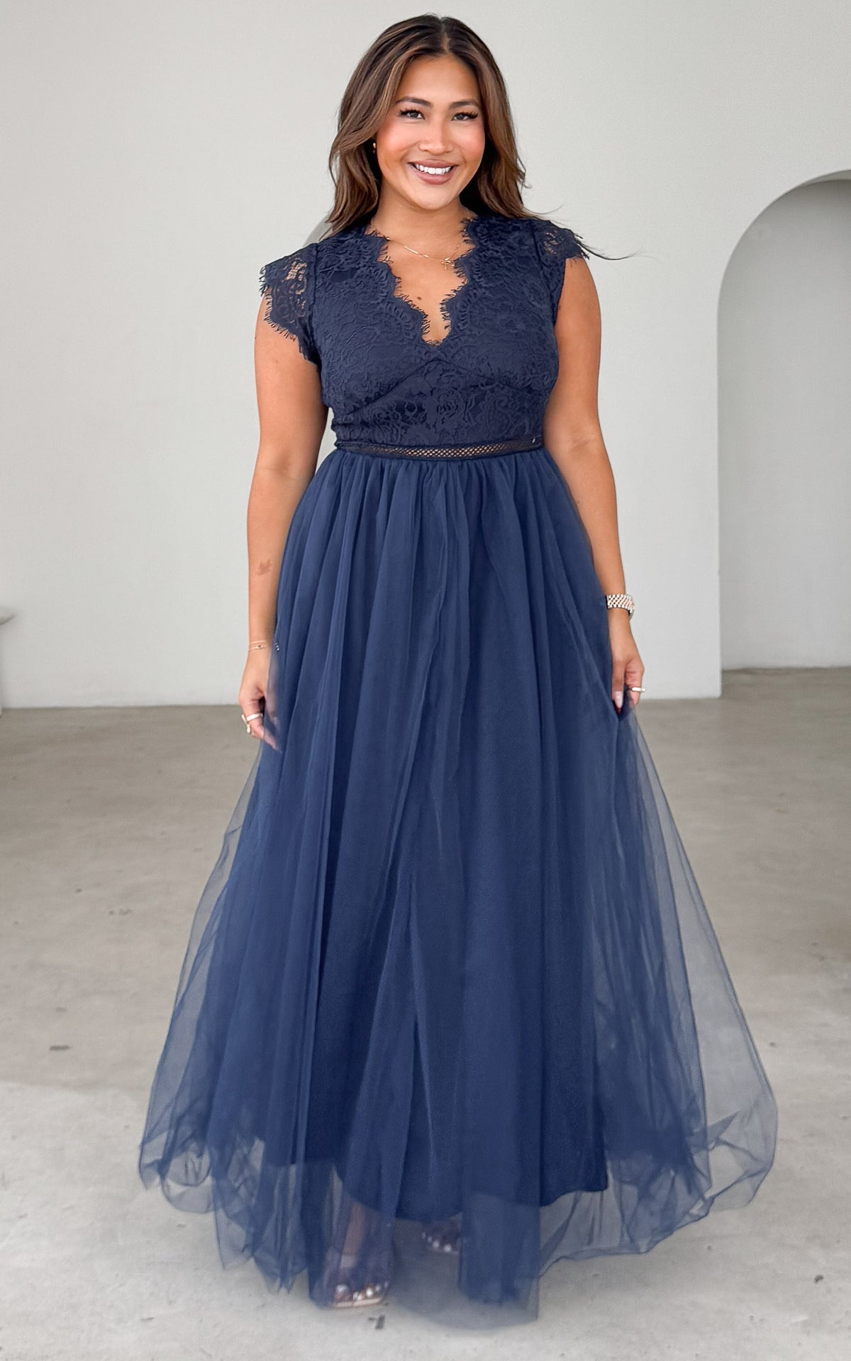 Caleigh Lace Tulle Maxi Dress - Navy