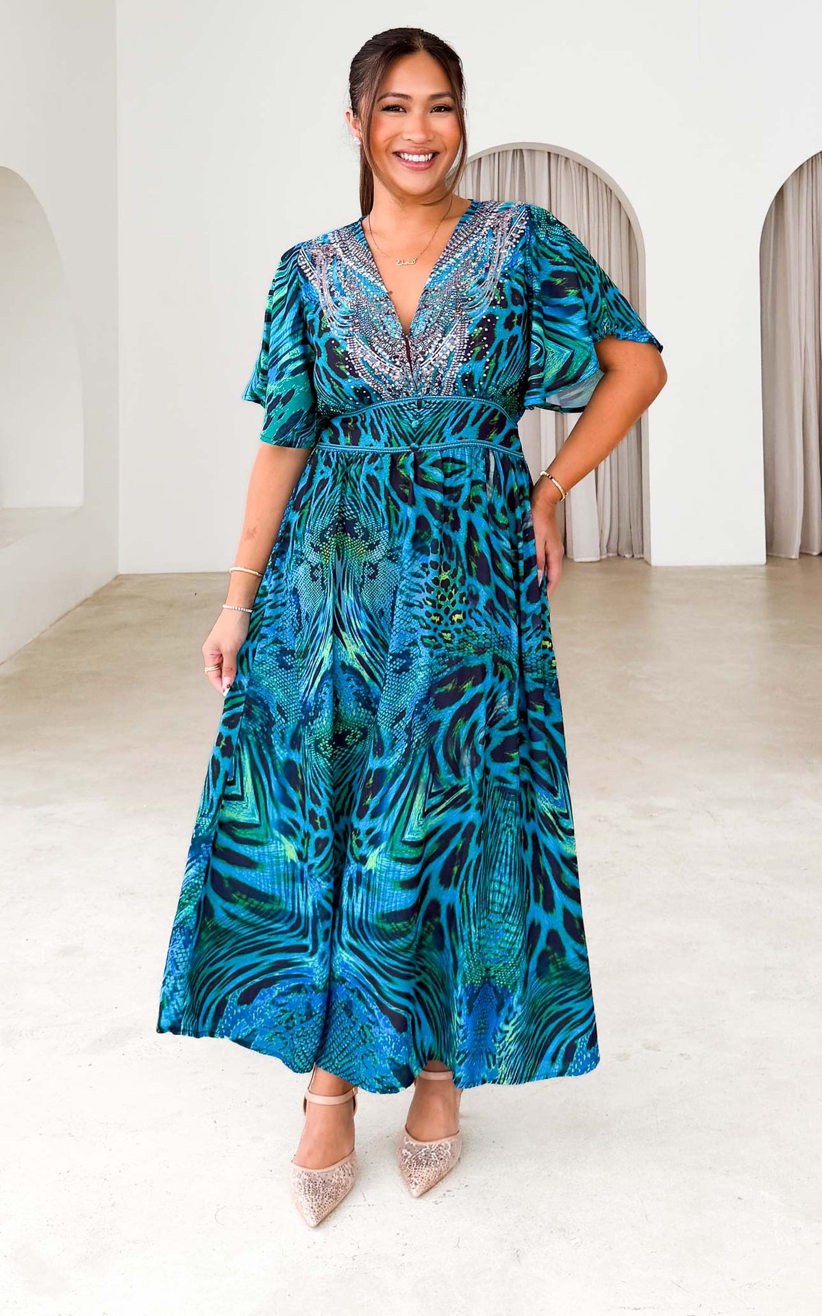 Celise Gem Embellished Maxi Dress - Blue Leopard Snake Print