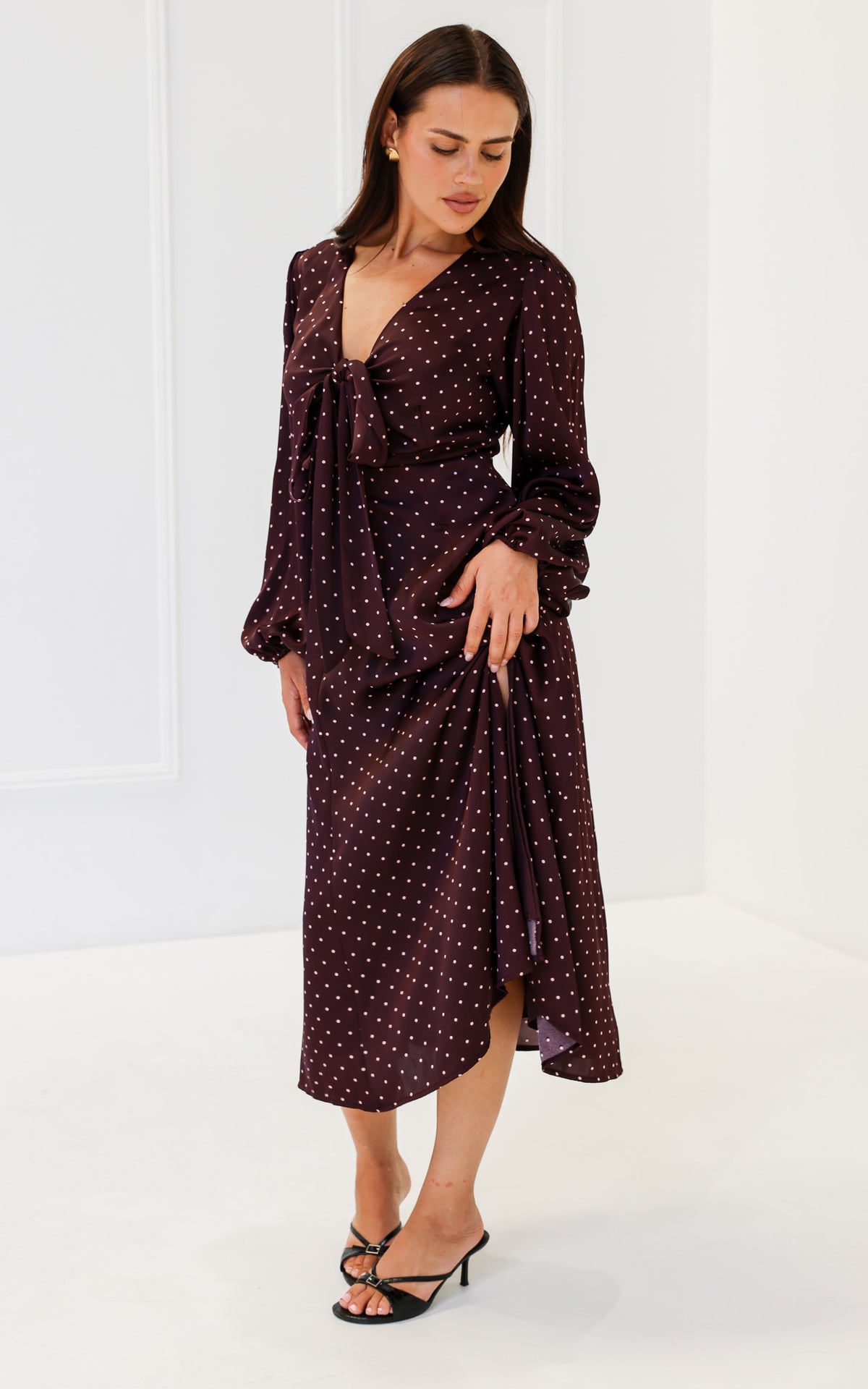 Conessa Long Sleeve Midi Dress - Wine Mahogany Spots