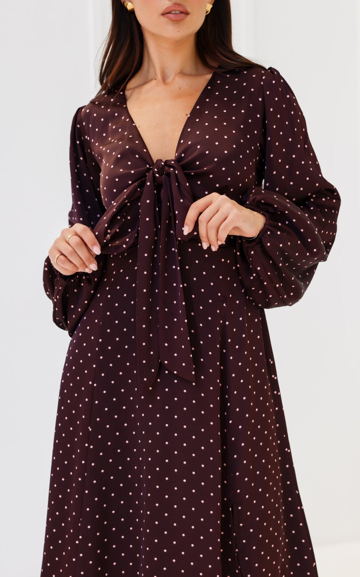 Conessa Long Sleeve Midi Dress - Wine Mahogany Spots