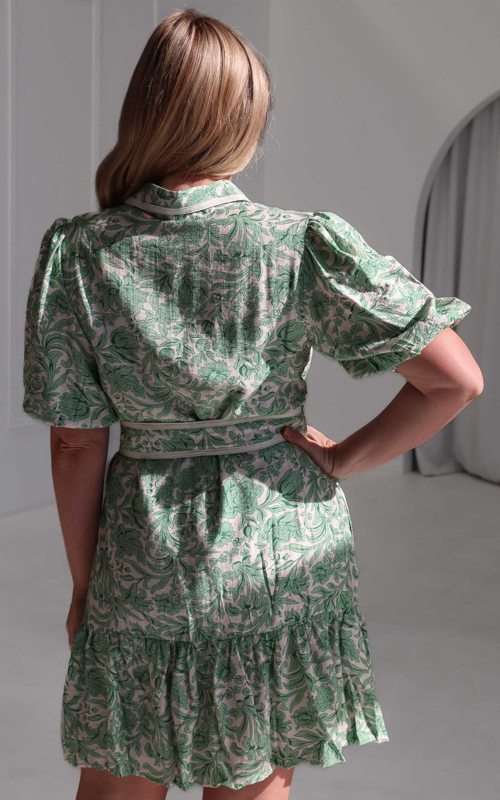 Doneth Mini Dress - White Green Print