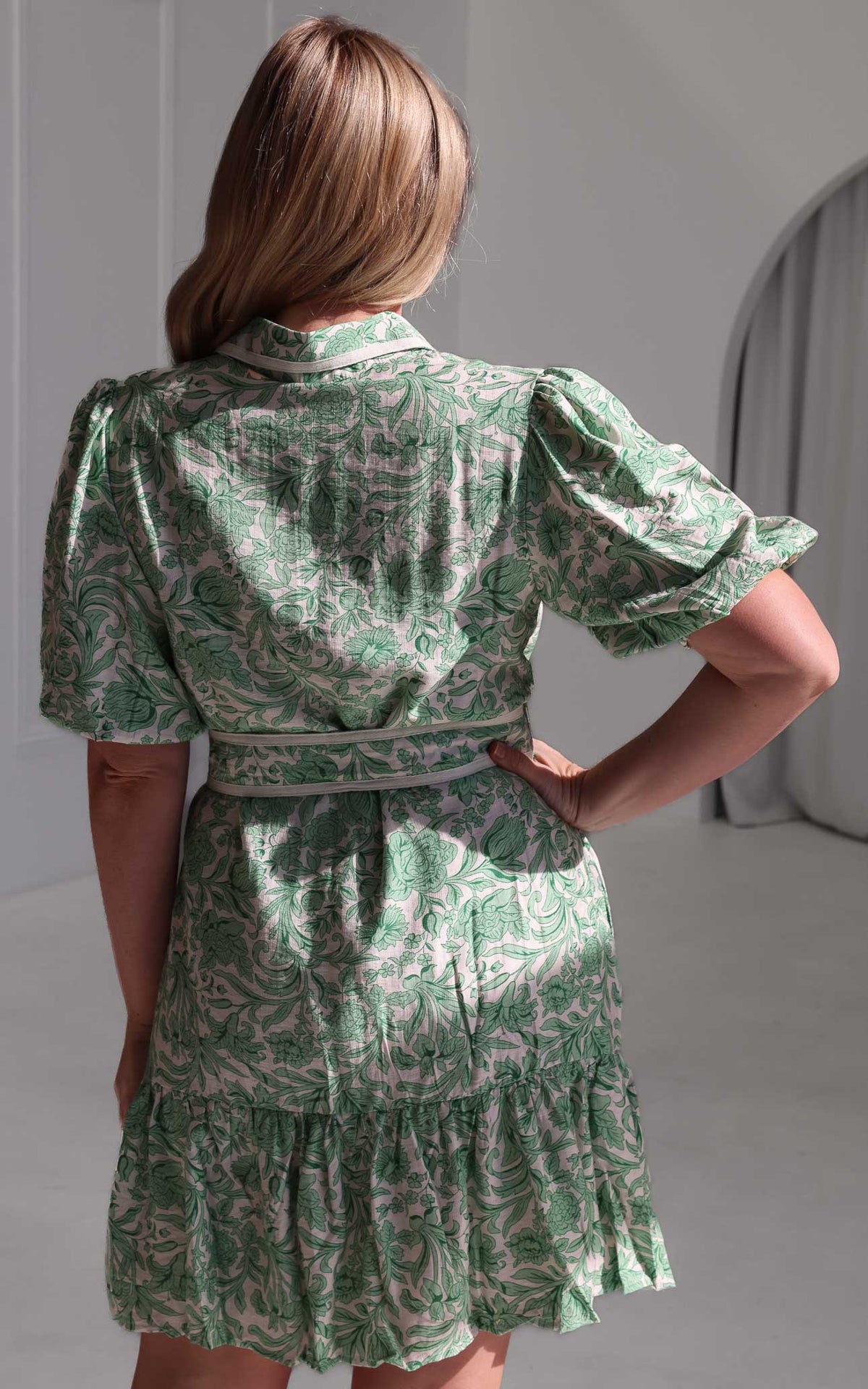 Doneth Mini Dress - White Green Print