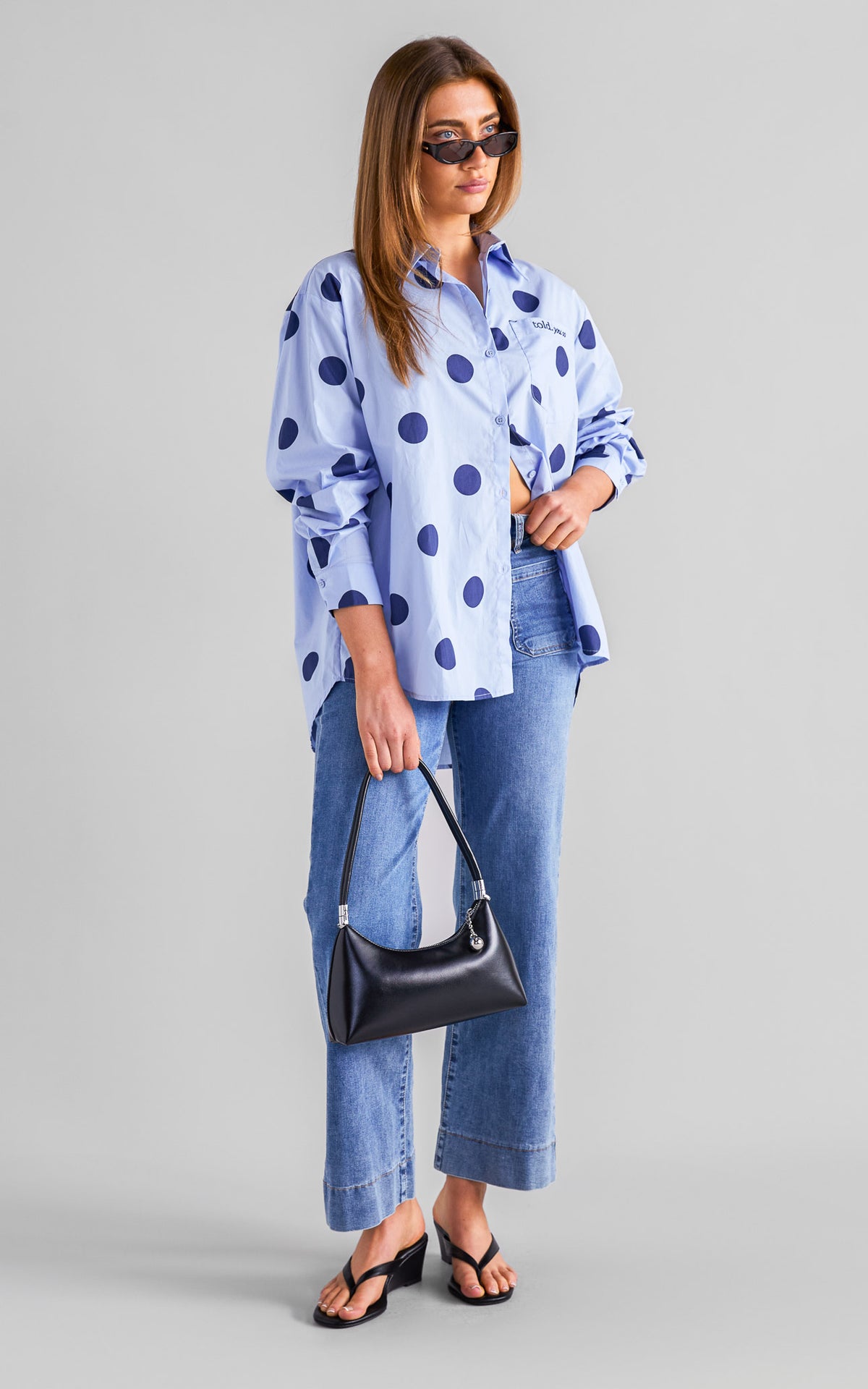 Deezu Oversized Shirt - Light Blue Navy Polka Dot