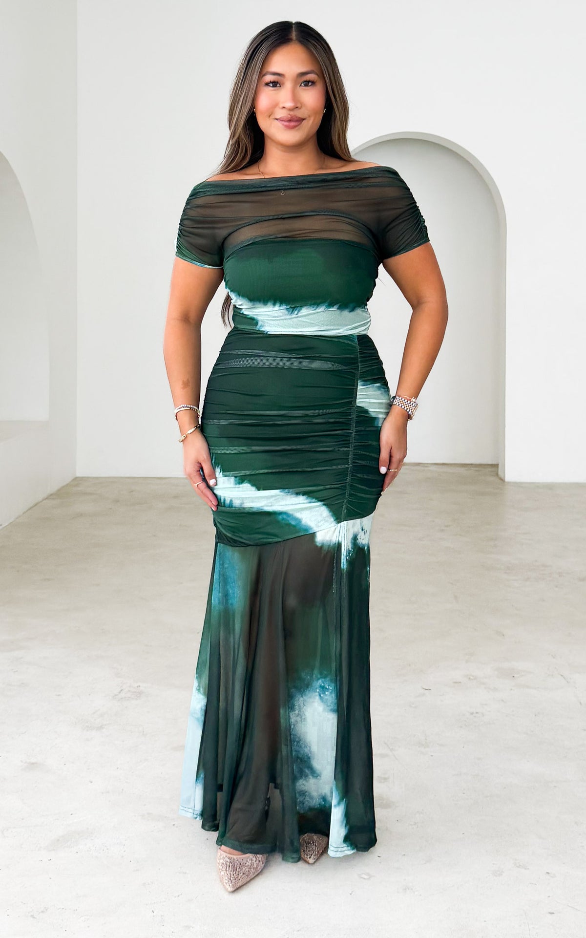 Eridania Mesh Maxi Dress - Emerald Multi Print