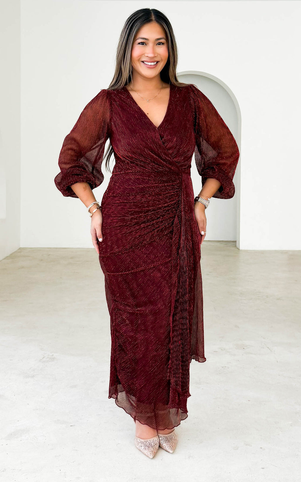 Galleria Long Sleeve Maxi Dress - Wine Red Metallic