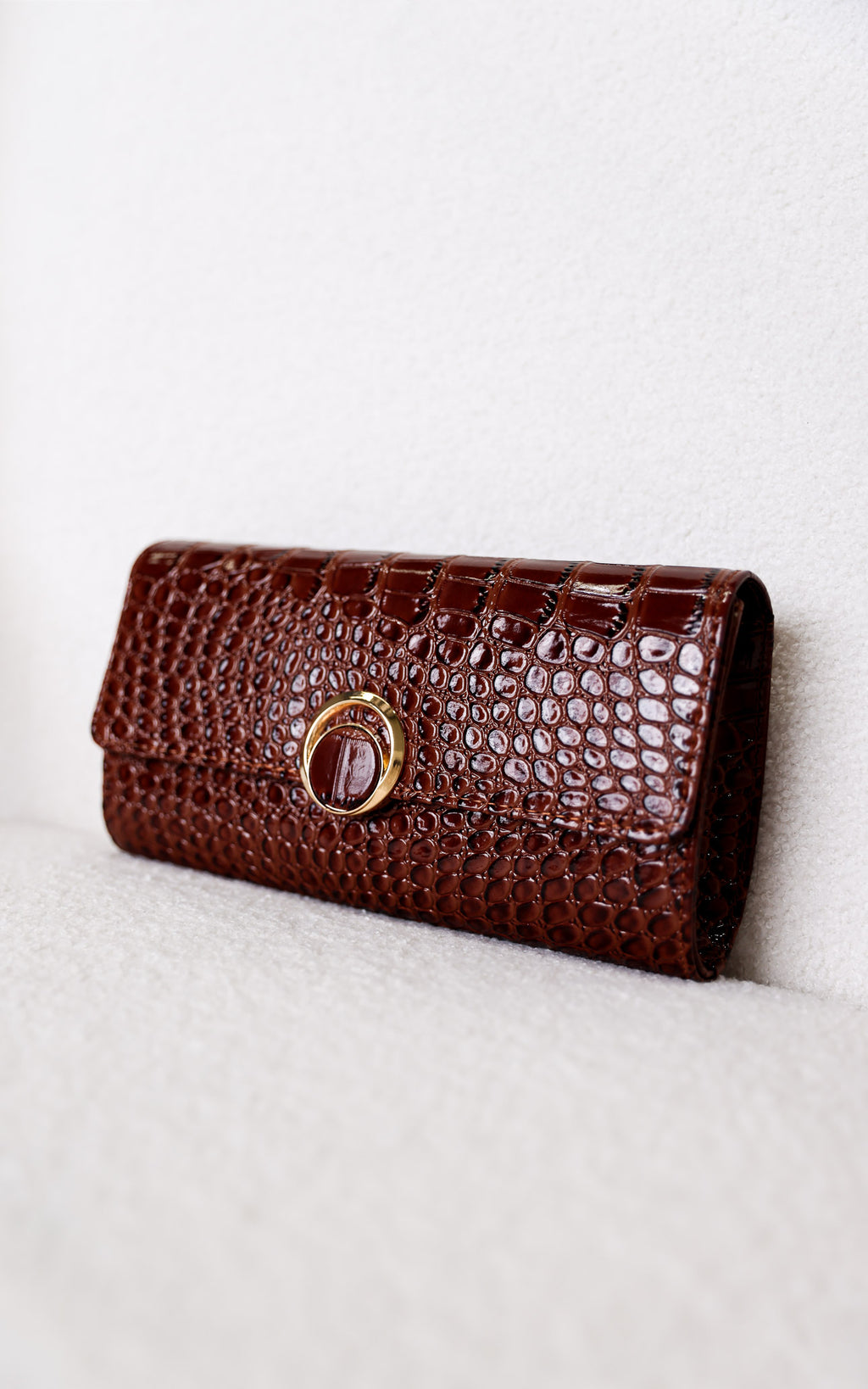 Gretta Croc Texture Clutch Bag - Coffee Brown