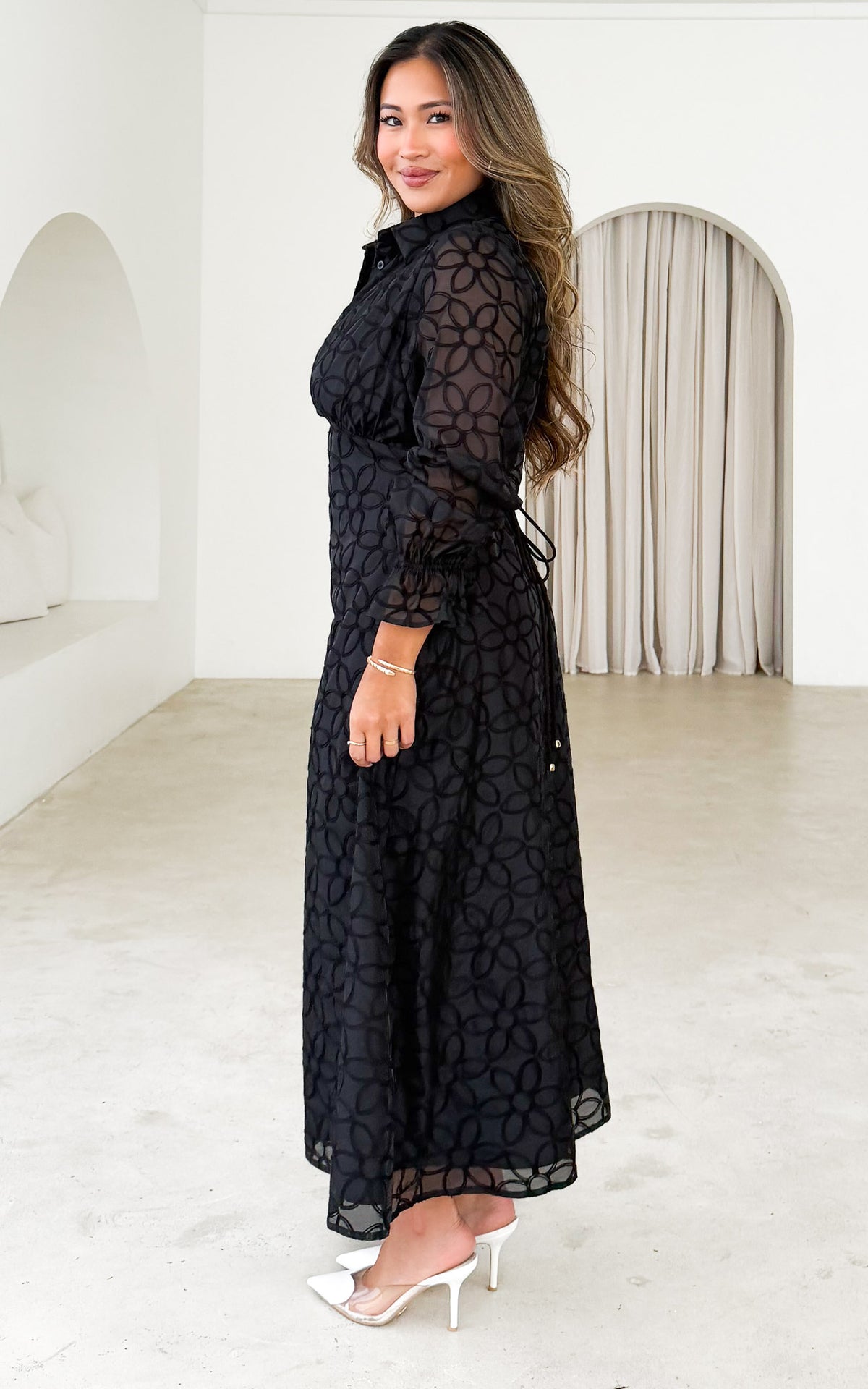Gabbie Long Sleeve Maxi Dress - Black Floral Texture
