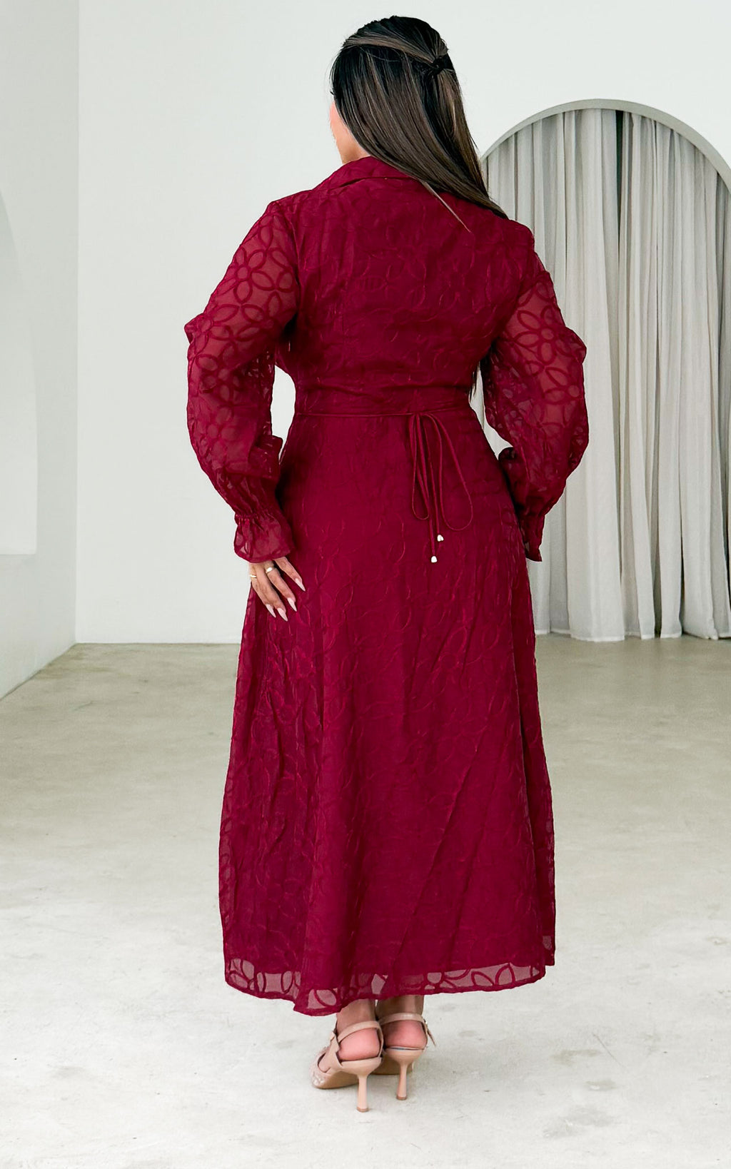 Gabbie Long Sleeve Maxi Dress - Wine Floral Texture