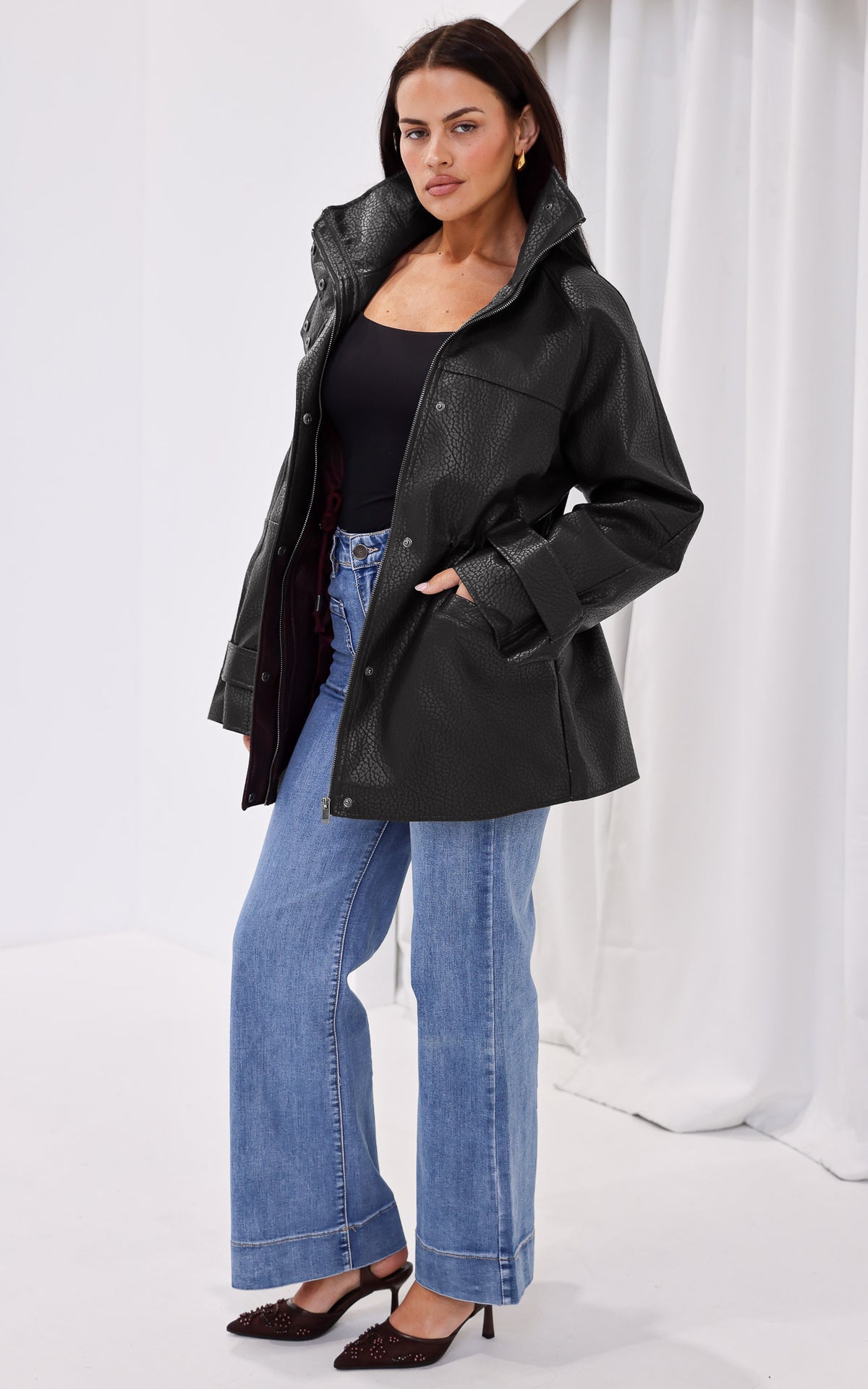 Gianna Faux Leather Parka - Black Texture