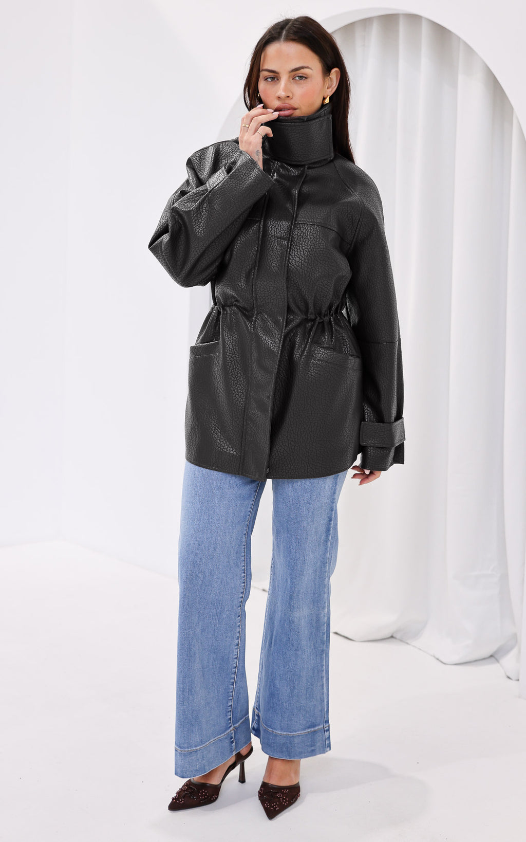 Gianna Faux Leather Parka - Black Texture