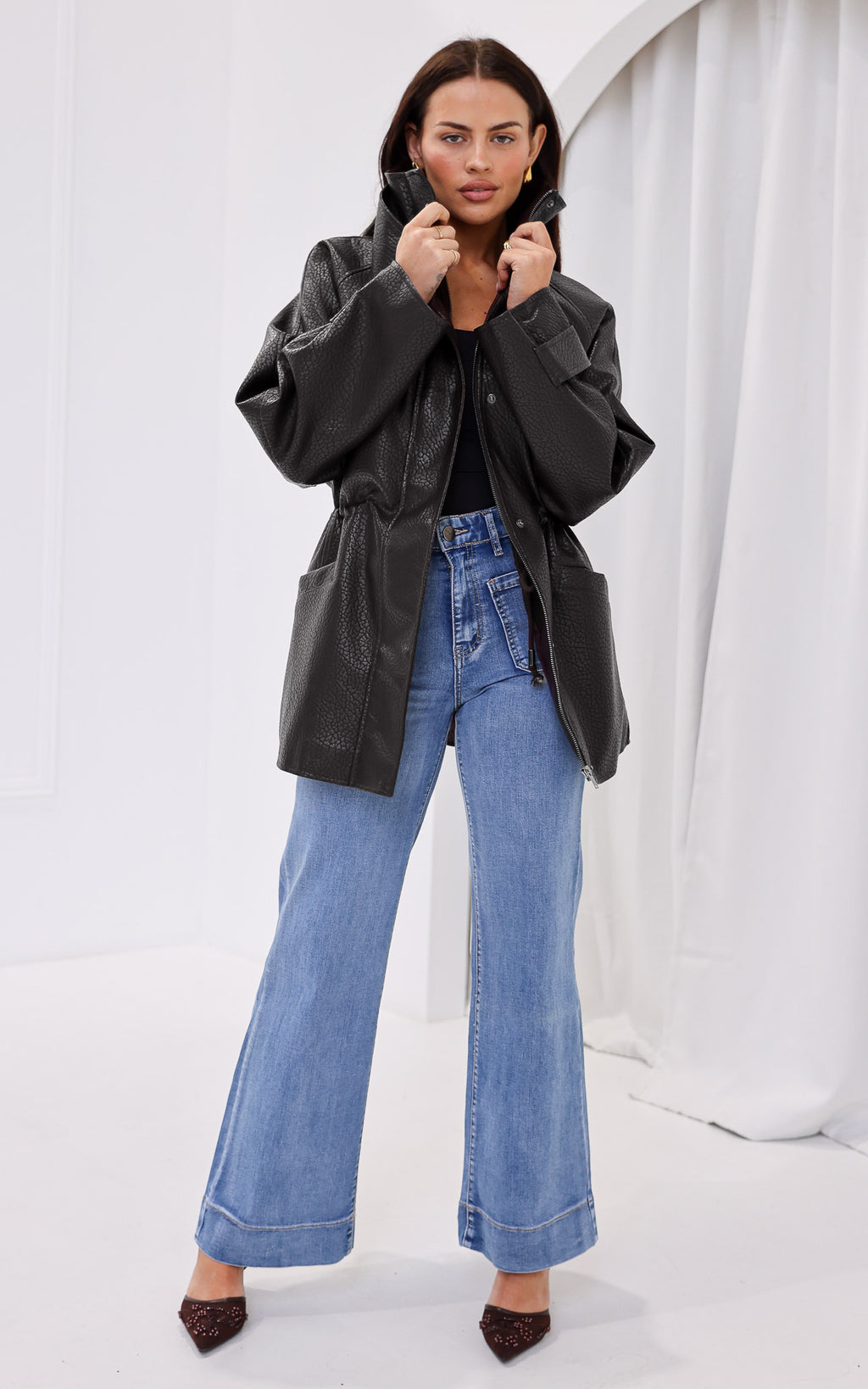 Gianna Faux Leather Parka - Black Texture