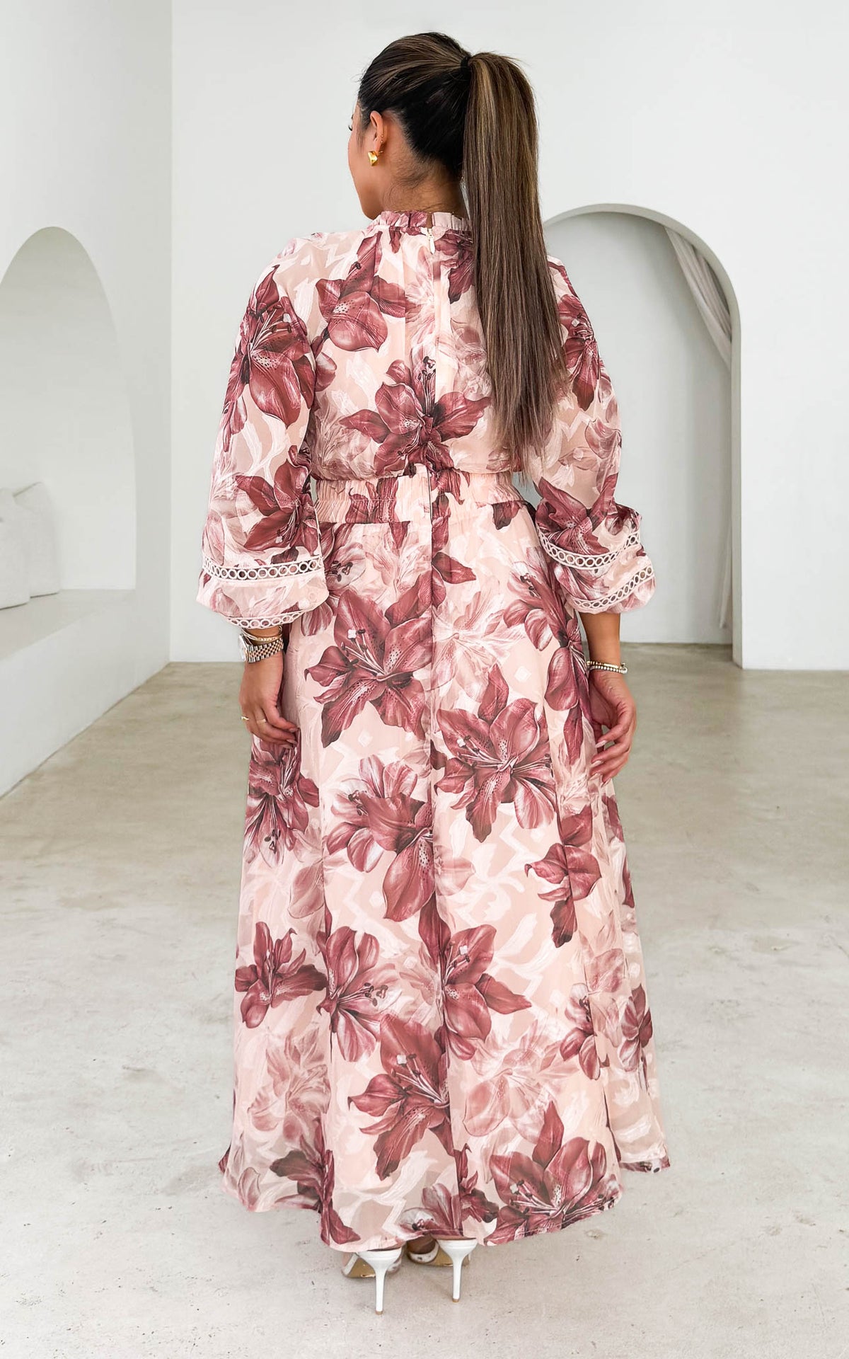 Harriet Maxi Dress - Pink Beige Floral Texture