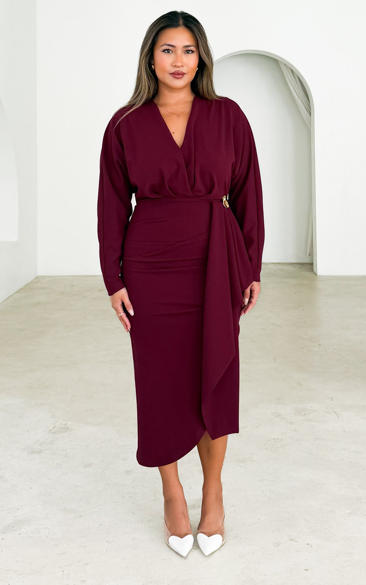 Indra Long Sleeve Midi Dress - Wine