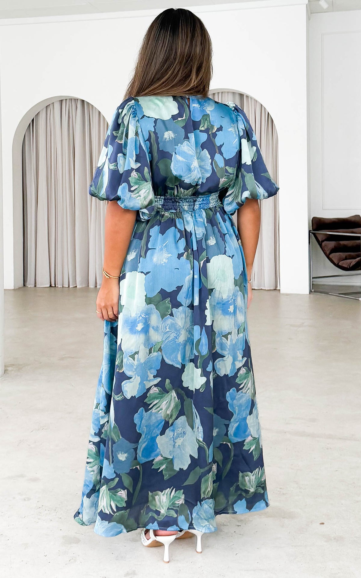 Monique Puff Sleeve Maxi Dress - Navy Blue Floral