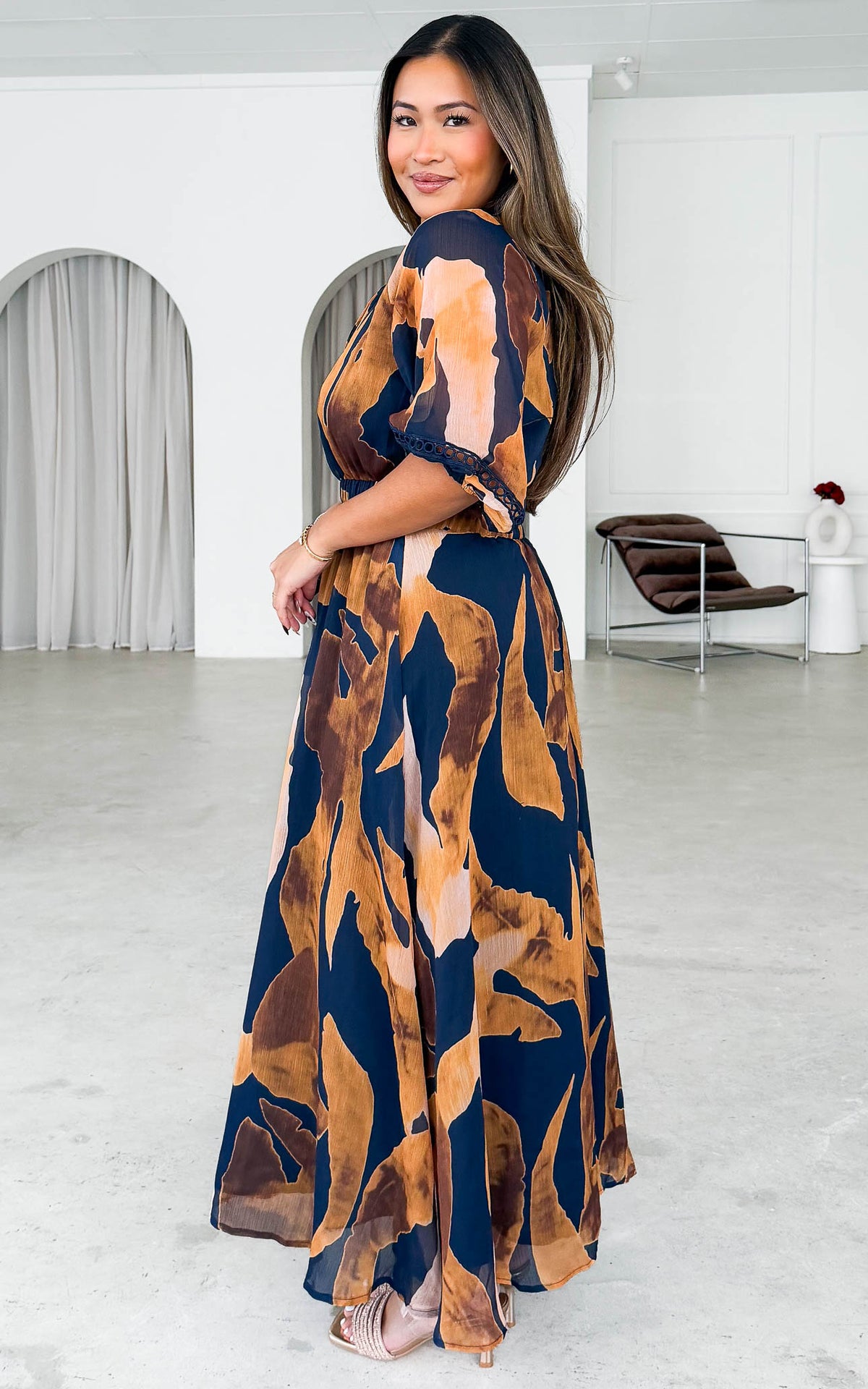 Harriet Short Sleeve Maxi Dress - Navy Ochre Print
