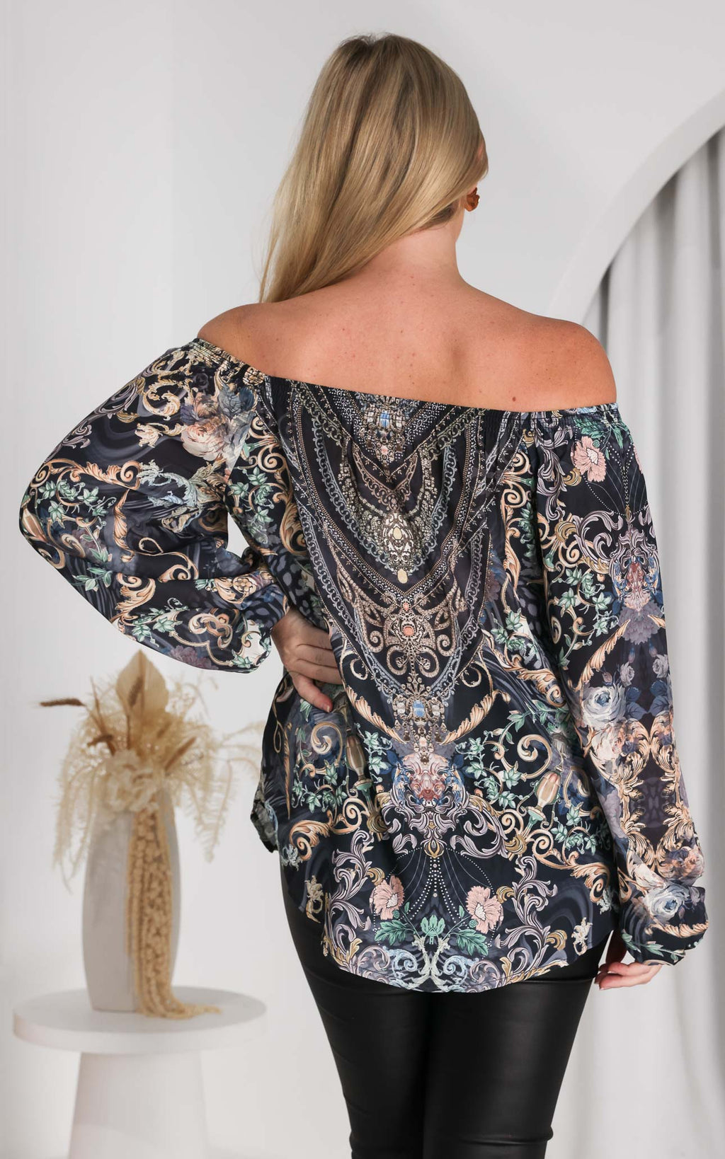 Jessie Gem Embellished Top - Charcoal Black Print