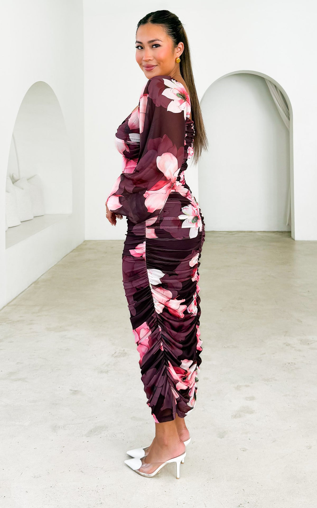 Jolie Mesh Midi Dress - Dark Plum Pink Floral