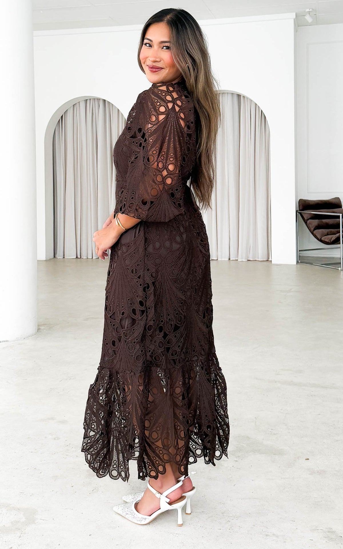 Fayette Lace Midi Dress - Dark Brown