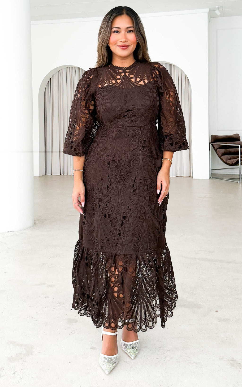 Fayette Lace Midi Dress - Dark Brown