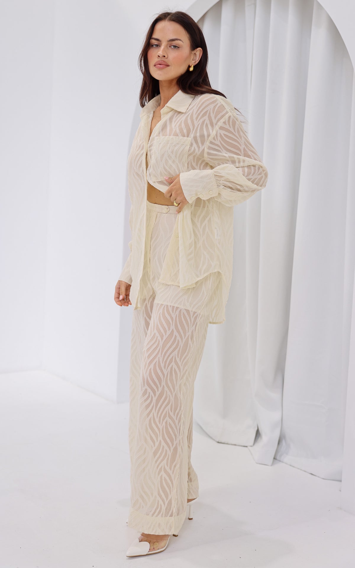 Piper Wide Leg Pants - Cream Texture