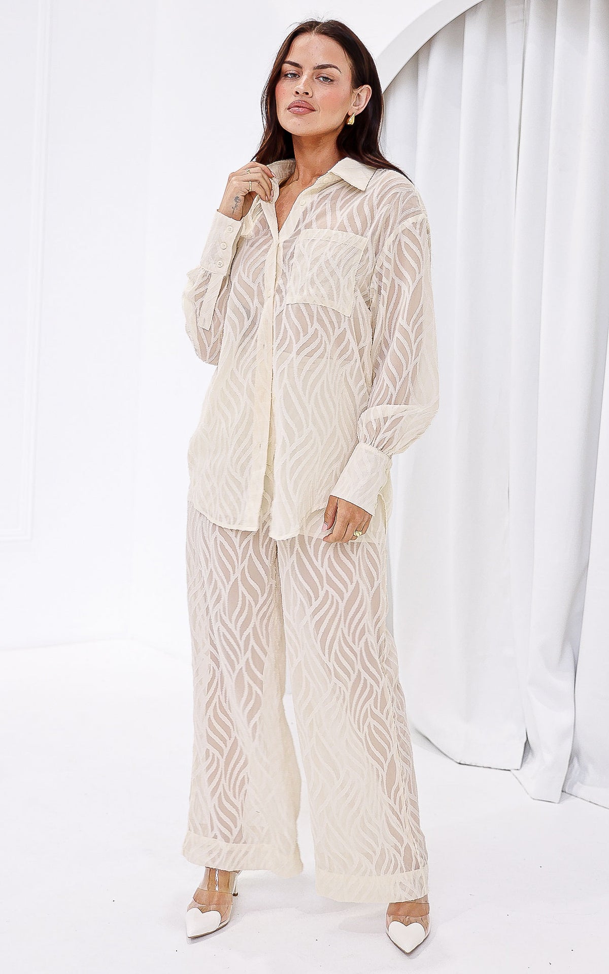 Piper Wide Leg Pants - Cream Texture